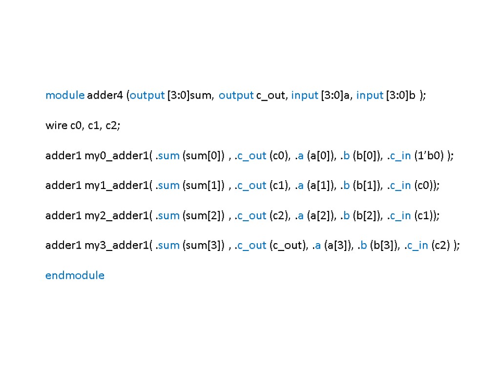 module adder4 (output [3:0]sum, output c_out, input [3:0]a, input [3:0]b ); wire c0, c1,